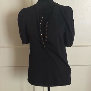 Nation Ltd Ladies Black Cotton Top Popper Front  Short Ruched Sleeves S Cotton